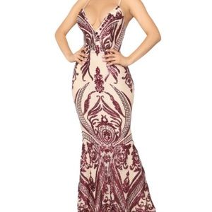 Fashion Nova Dress Gown Gold Burgundy
